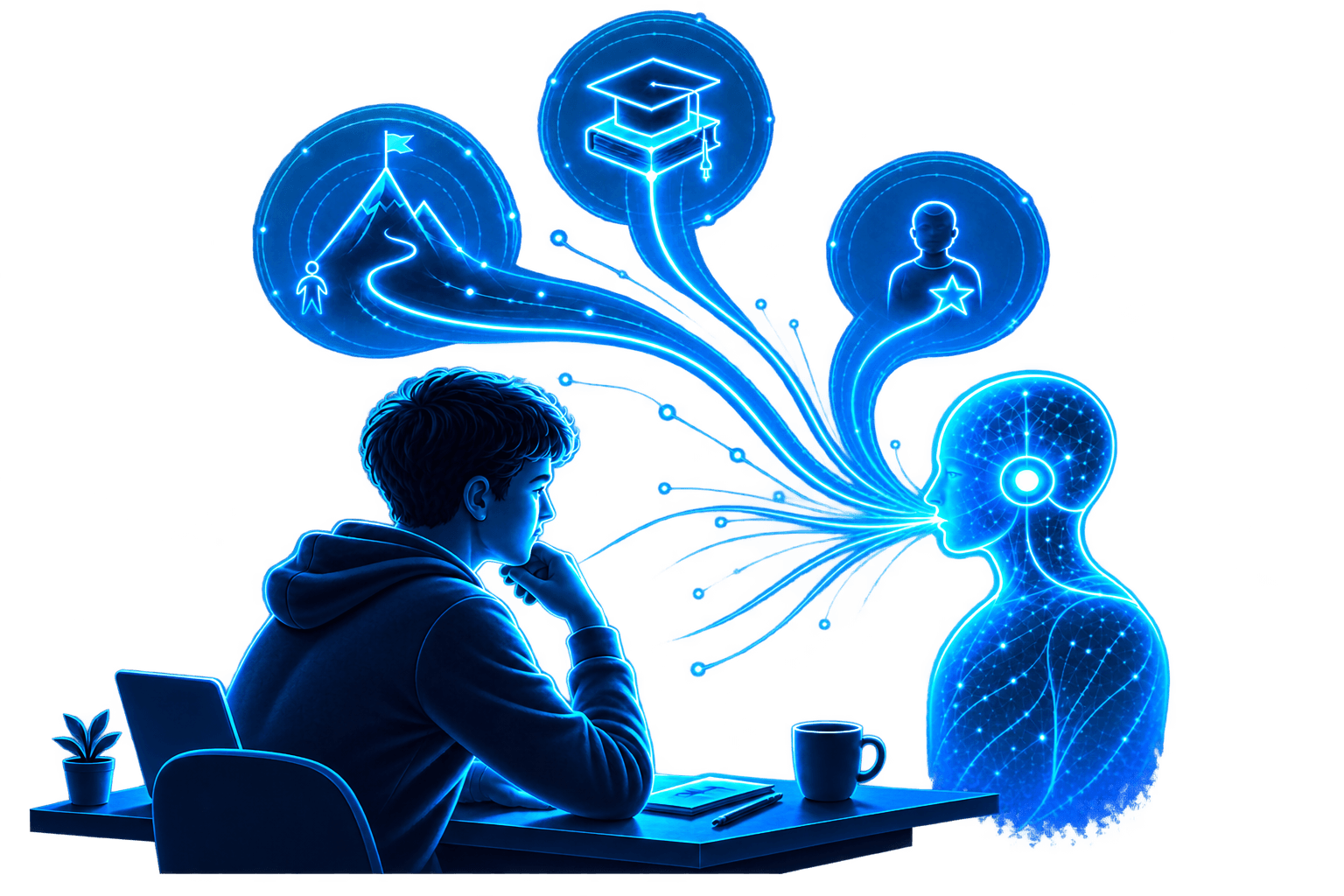 A student thinking with an AI partner while pathways representing education, growth and the next step emerge around them.